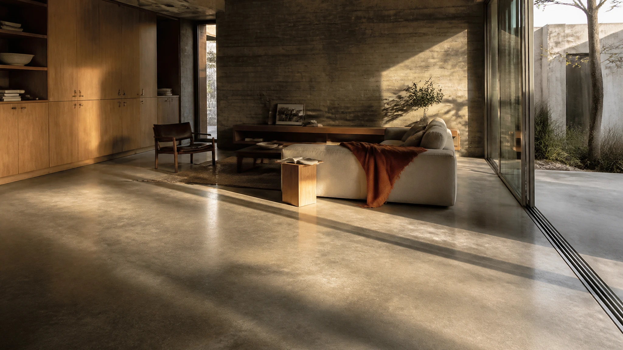 Interior de Casa Reta al atardecer: living de hormigón visto y roble abierto al patio, con la luz rasante entrando desde el ventanal.