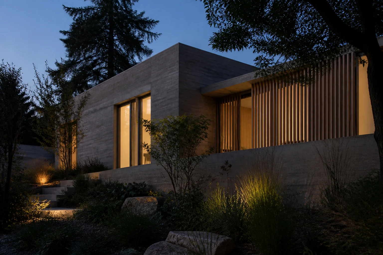 Casa Reta al atardecer: volumen de hormigón visto con parasol de listones de roble, luz cálida saliendo por los ventanales.